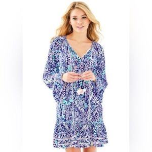 Lilly Pulitzer Percilla Tunic Dress Blue Grotto Print Tassels Size XS Lined